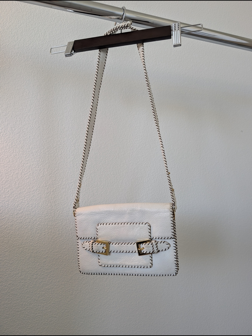 Fendi White Crossbody Bag with Brown Whipstitch and Gold Hardware